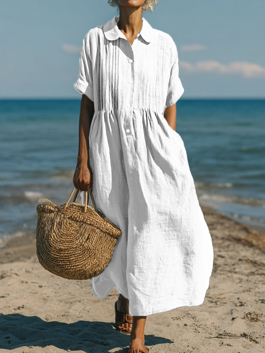 Women's Casual Cotton and Linen Peter Pan Collar Short Sleeve Dress